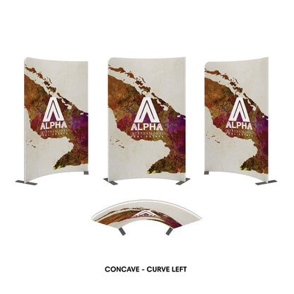 Concave curved trade show displays with Alpha International Real Estate branding for exhibitions and events