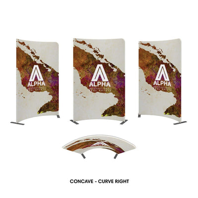 Concave curved trade show display with Alpha International Real Estate branding and map graphics