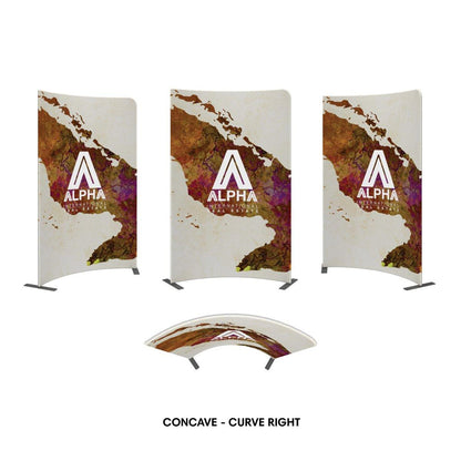 Concave curved trade show display with Alpha International Real Estate branding and map graphics