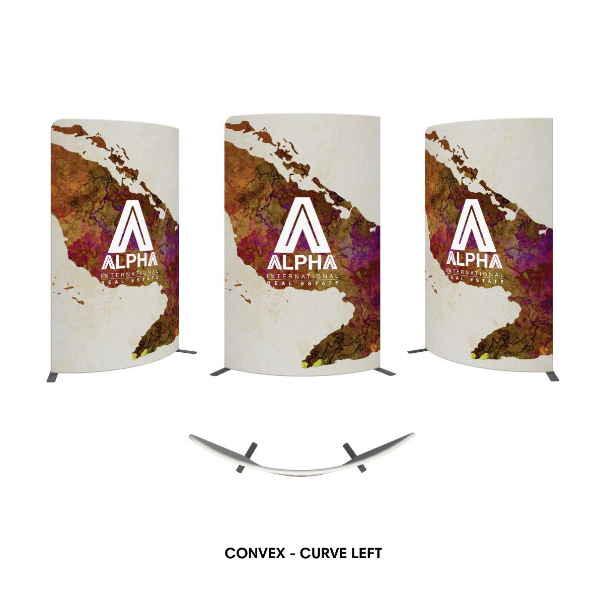 Convex curved trade show display panels with Alpha International Real Estate branding for exhibitions