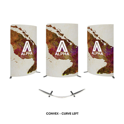 Convex curved trade show display panels with Alpha International Real Estate branding for exhibitions