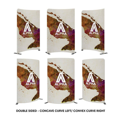 Double-sided curved fabric trade show displays with Alpha International Real Estate branding for exhibitions