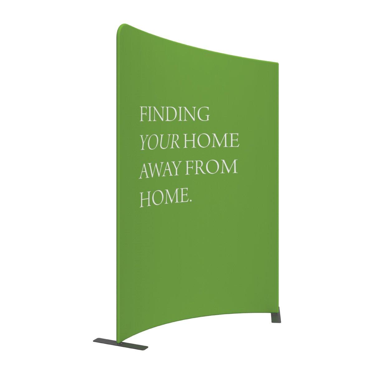 Curved trade show display banner with the text 'Finding your home away from home' for exhibitions and events