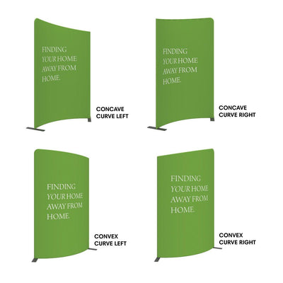 Four curved trade show display banners with concave and convex options for exhibitions and events