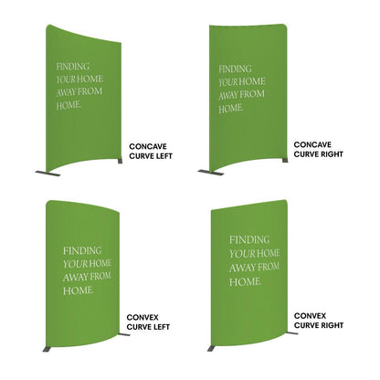 Four curved trade show display banners with concave and convex options for exhibitions and events