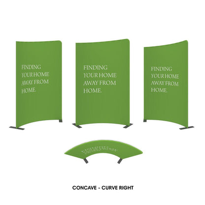 Concave curved trade show fabric displays with adjustable stands for exhibitions and special events