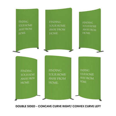 Double-sided curved trade show display banners with the message 'Finding your home away from home' for exhibitions and events