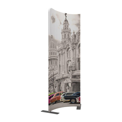 Curved trade show display with classic building and vintage car graphic for exhibitions and events