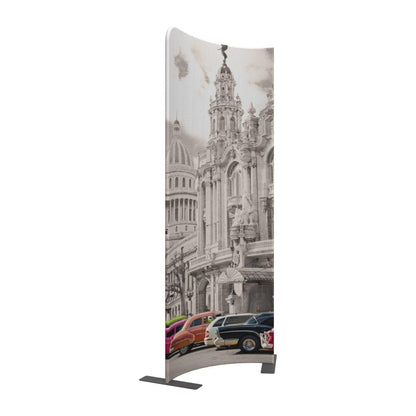 Curved trade show display with classic building and vintage car graphic for exhibitions and events