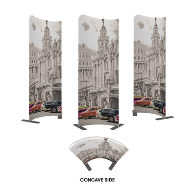 Curved trade show displays with vintage cityscape graphic for exhibitions and special events
