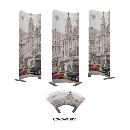 Curved trade show displays with vintage cityscape graphic for exhibitions and special events