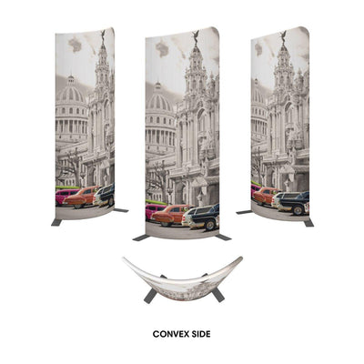 Curved trade show displays featuring vintage cars and historic building print for exhibitions and events