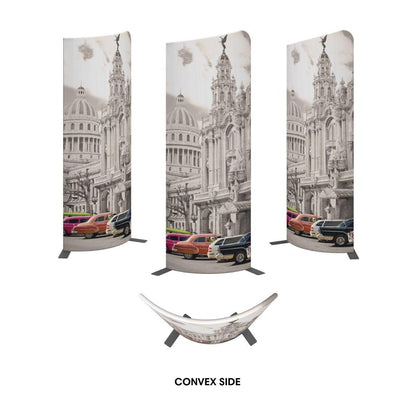 Curved trade show displays featuring vintage cars and historic building print for exhibitions and events
