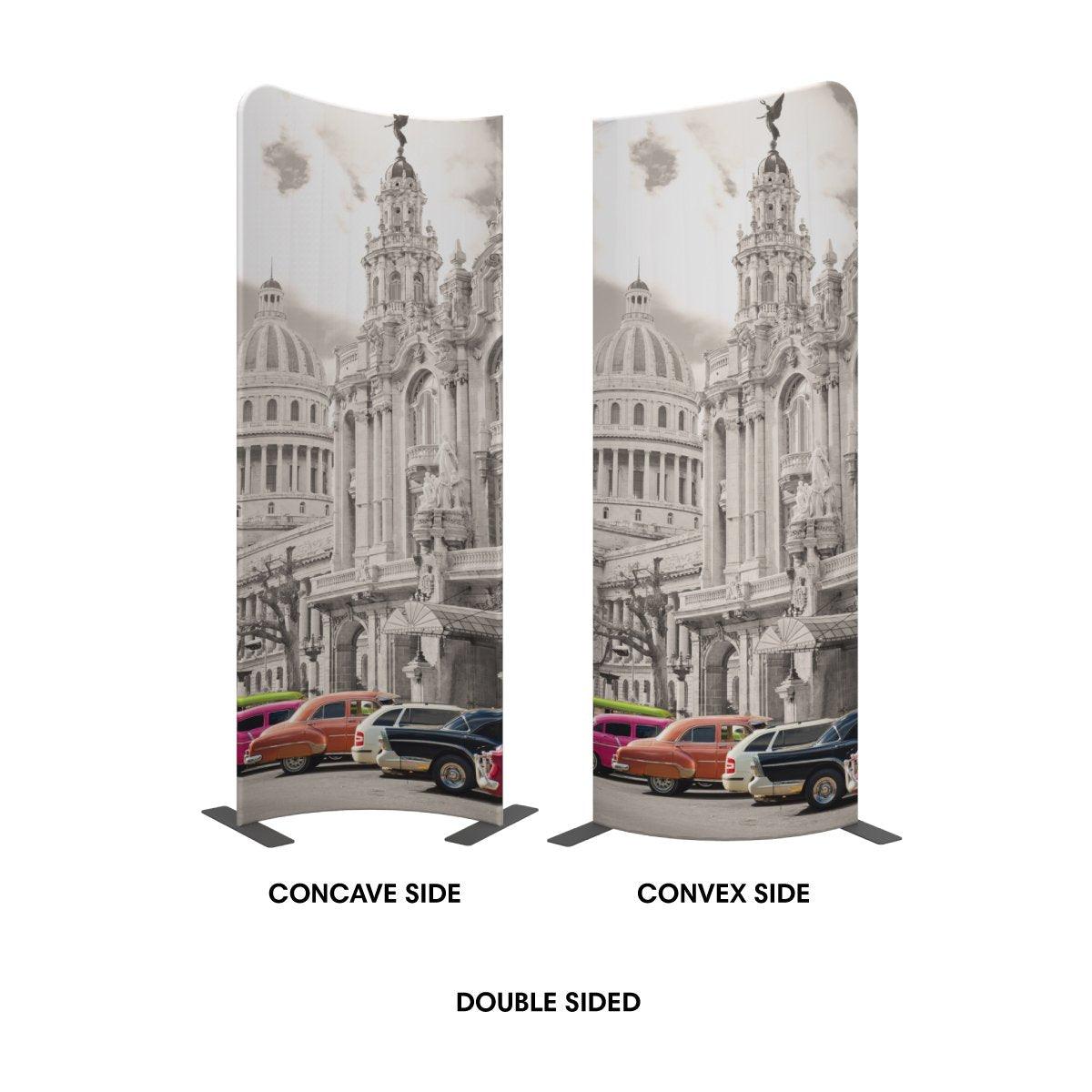 Double-sided curved trade show display featuring historic architecture and classic cars for exhibitions and events