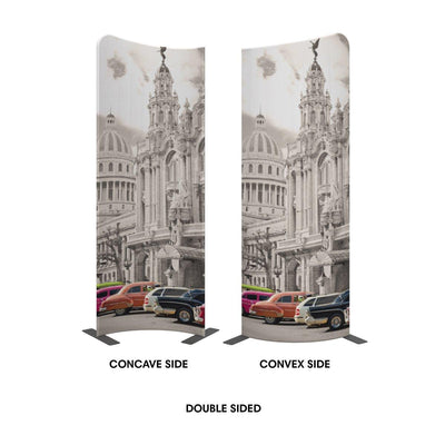 Double-sided curved trade show display featuring historic architecture and classic cars for exhibitions and events