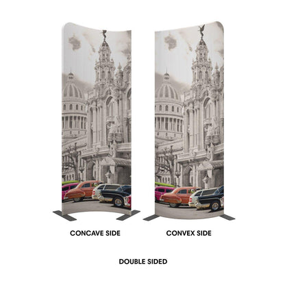 Double-sided curved trade show display featuring historic architecture and classic cars for exhibitions and events