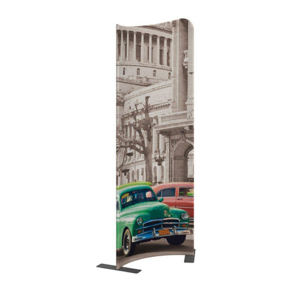 Curved fabric trade show banner featuring vintage cars and historic building for exhibitions and events