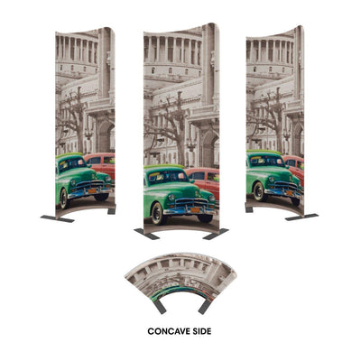 Curved trade show display banners featuring vintage car and classical building graphics for exhibitions and events