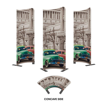 Curved trade show display banners featuring vintage car and classical building graphics for exhibitions and events