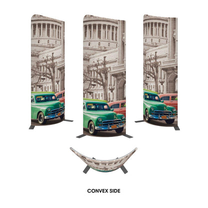 Curved trade show displays featuring vintage cars and architectural background for exhibitions and events
