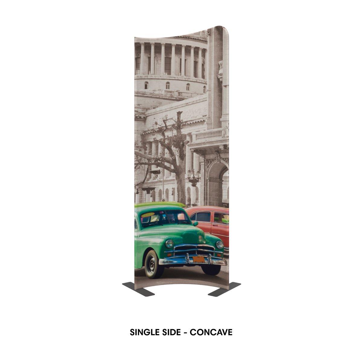 Concave single-sided fabric display stand featuring vintage cars and architectural backdrop for trade shows