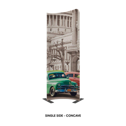 Concave single-sided fabric display stand featuring vintage cars and architectural backdrop for trade shows