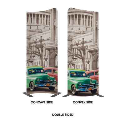 Double sided curved trade show display with vintage car and historic building graphic