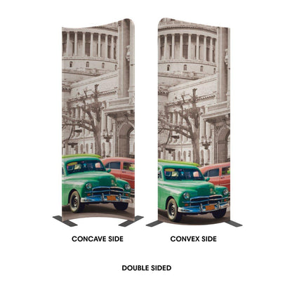 Double sided curved trade show display with vintage car and historic building graphic