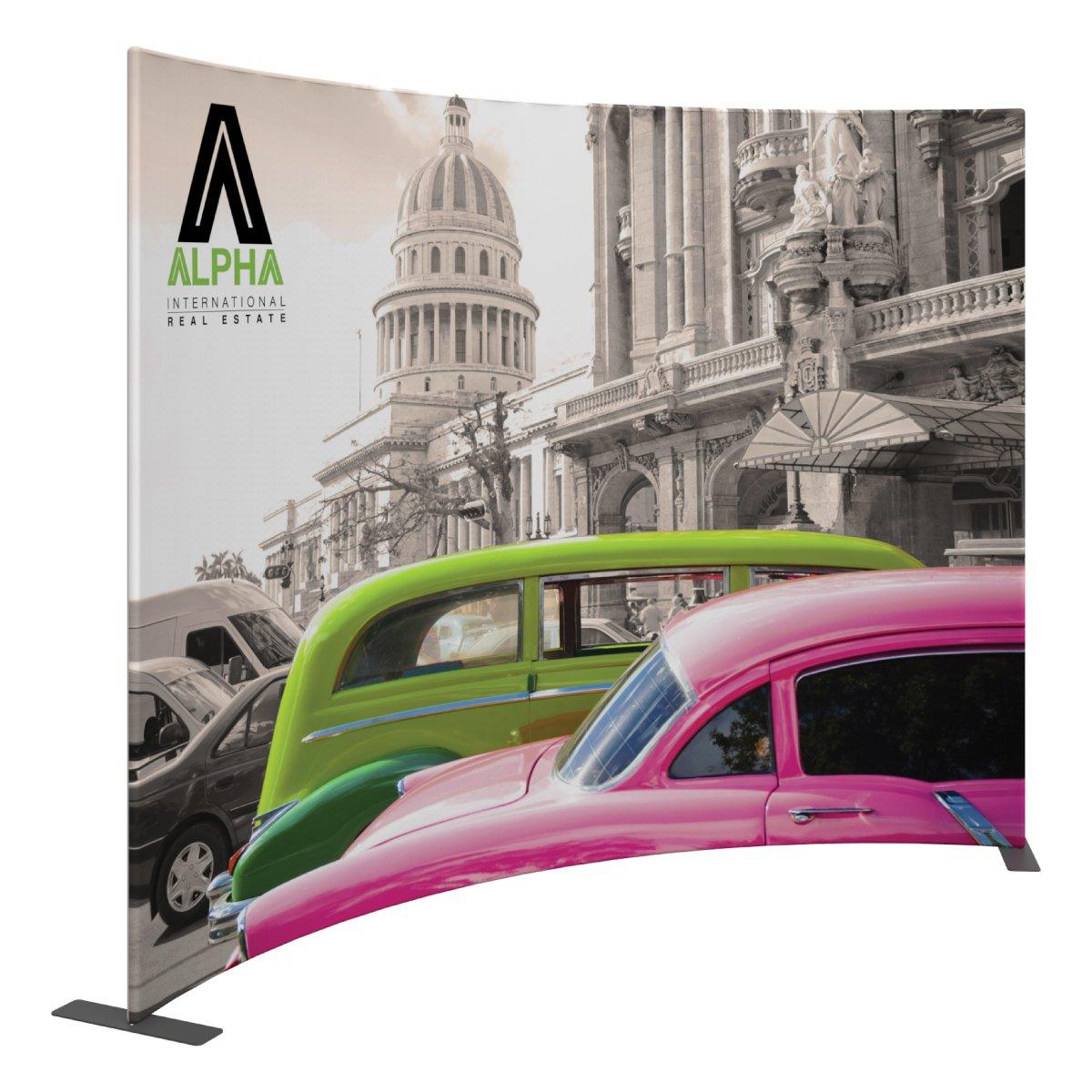 Curved trade show display featuring vintage cars and historic cityscape for exhibitions and events