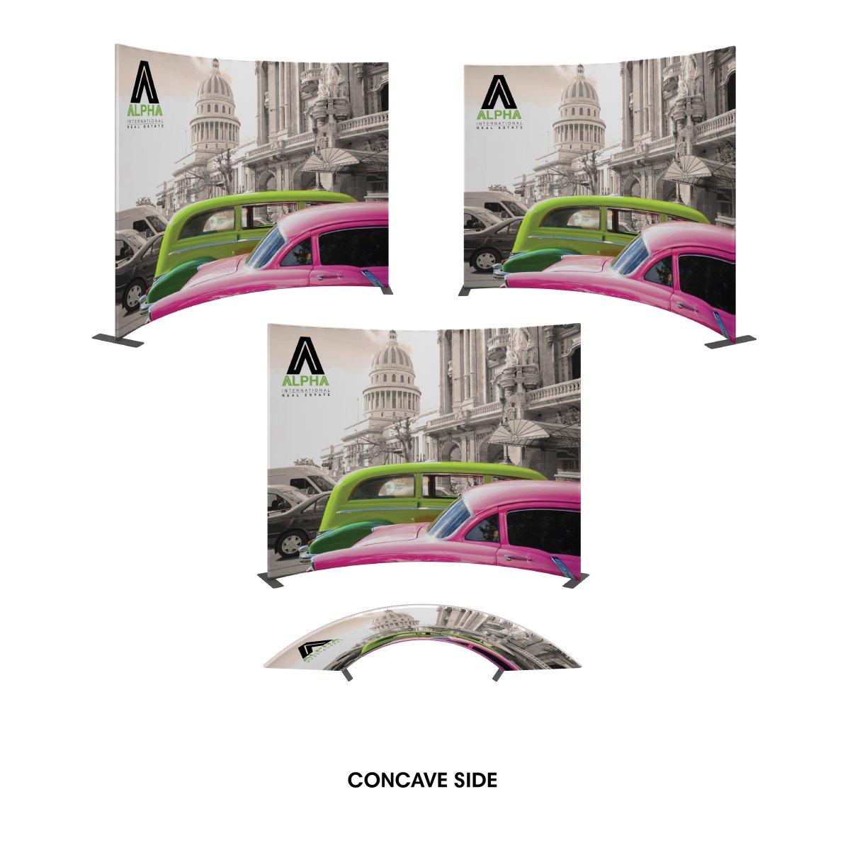 Curved trade show display with vintage car and cityscape graphics for exhibitions and events