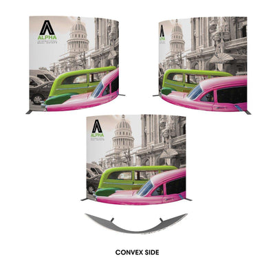 Curved trade show banner with vintage car and cityscape graphic for exhibition displays