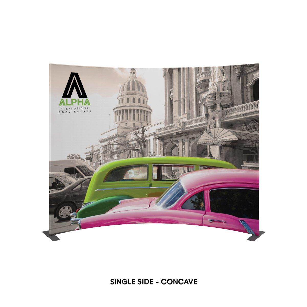Concave curved trade show display with vintage car and historic building print for exhibitions