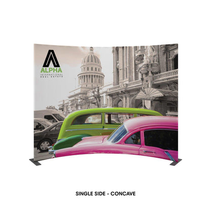 Concave curved trade show display with vintage car and historic building print for exhibitions