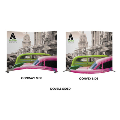 Double-sided curved trade show display featuring vintage car and architectural backdrop graphics