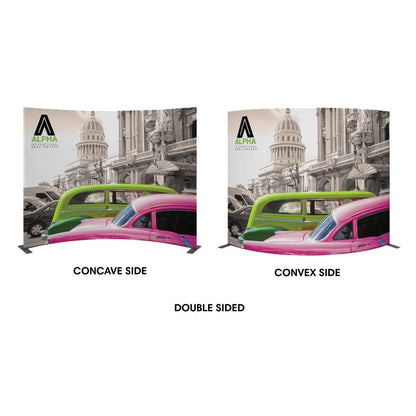 Double-sided curved trade show display featuring vintage car and architectural backdrop graphics