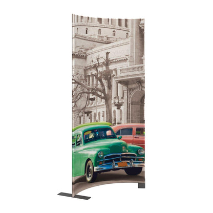 Curved fabric trade show display with vintage car and architecture print for exhibitions and events