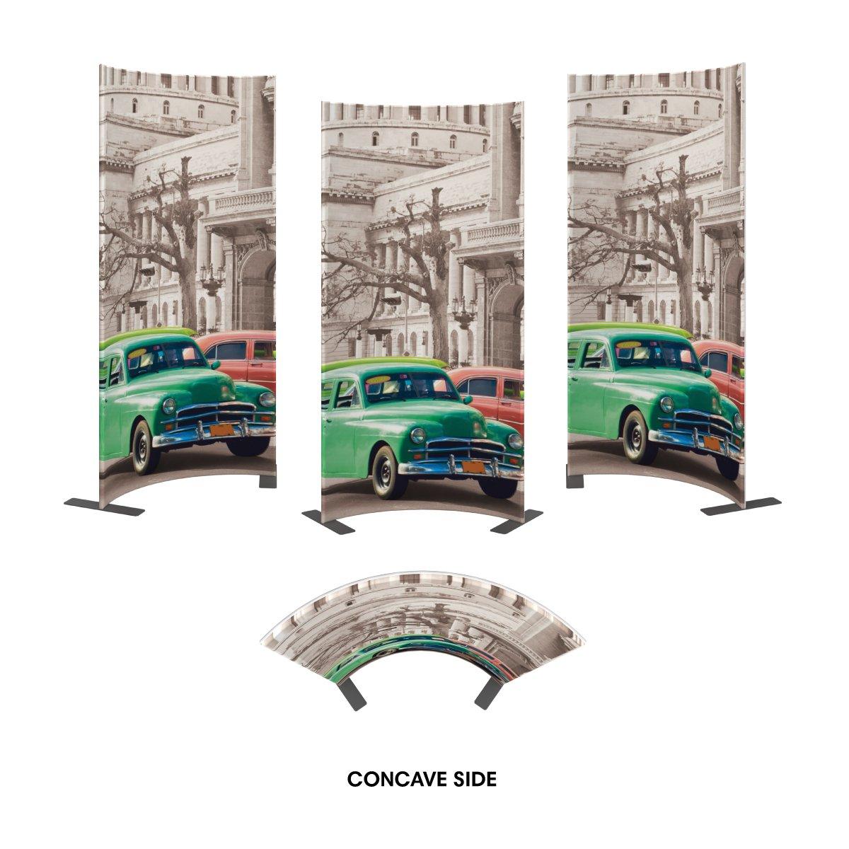 Curved trade show displays featuring vintage cars in front of historic building for exhibitions and events