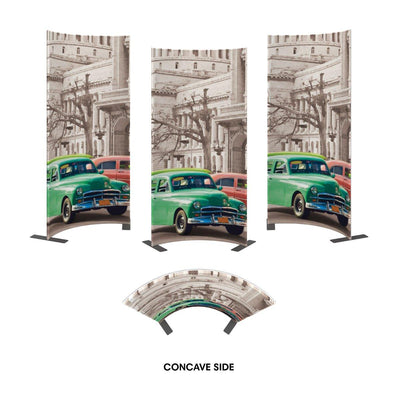 Curved trade show displays featuring vintage cars in front of historic building for exhibitions and events