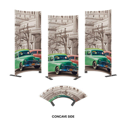 Curved trade show displays featuring vintage cars in front of historic building for exhibitions and events