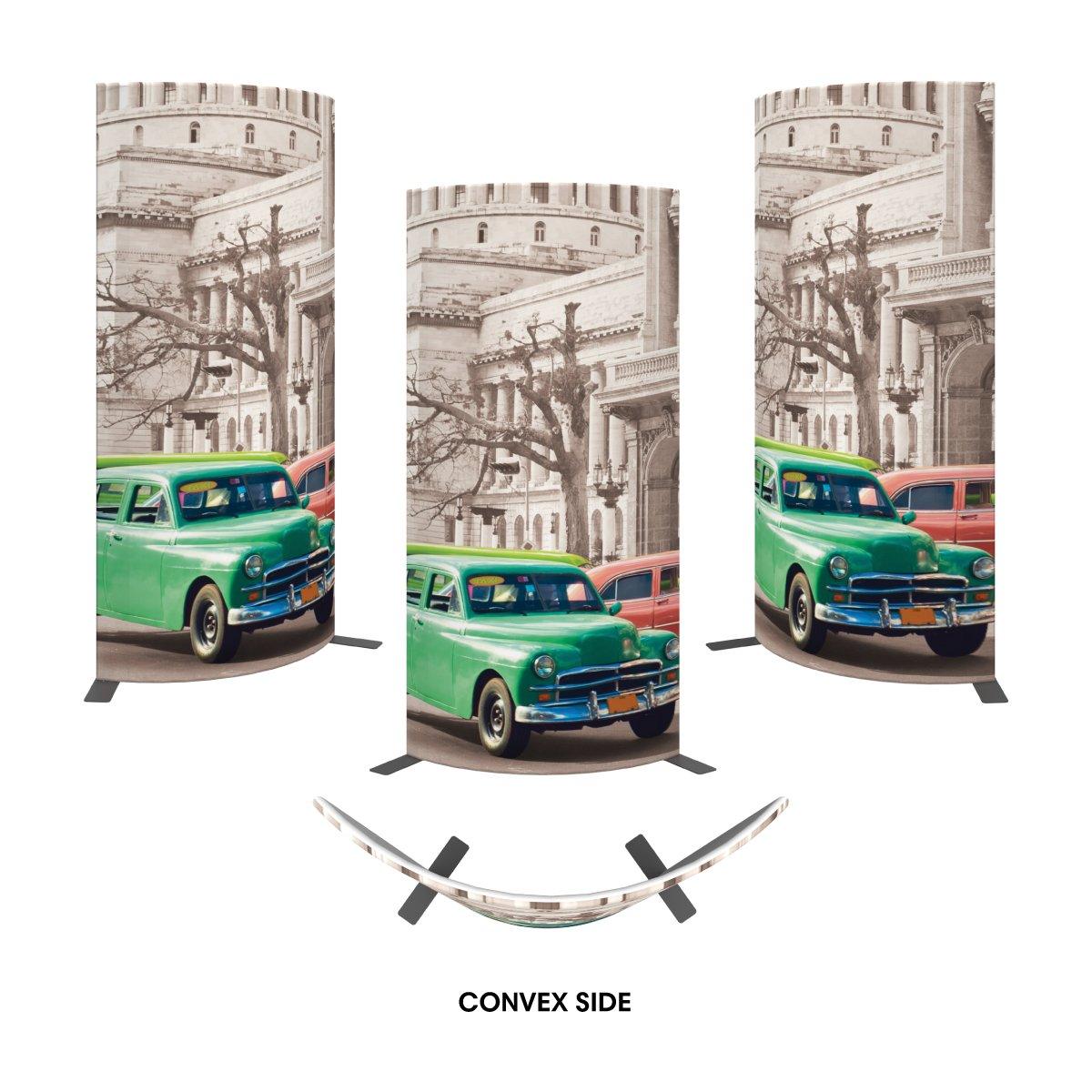 Curved trade show displays featuring vintage car and cityscape graphics for exhibitions and special events