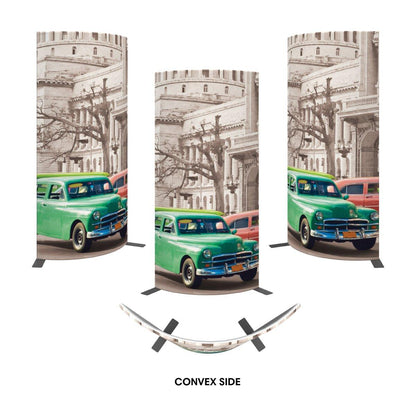 Curved trade show displays featuring vintage car and cityscape graphics for exhibitions and special events
