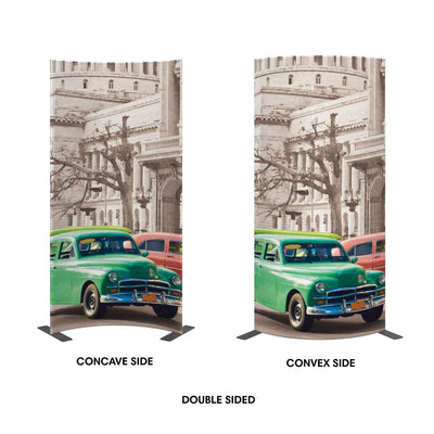 Double sided curved trade show banners featuring vintage car and historic building graphics for exhibitions