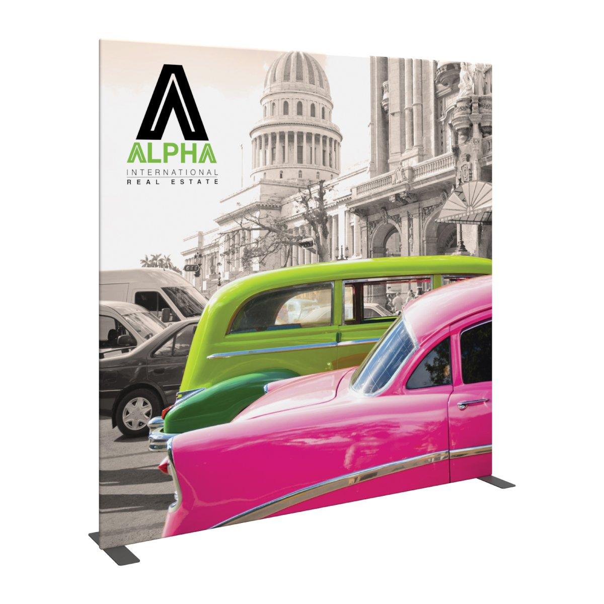 Large trade show backdrop featuring vintage cars and historic buildings for exhibitions and special events