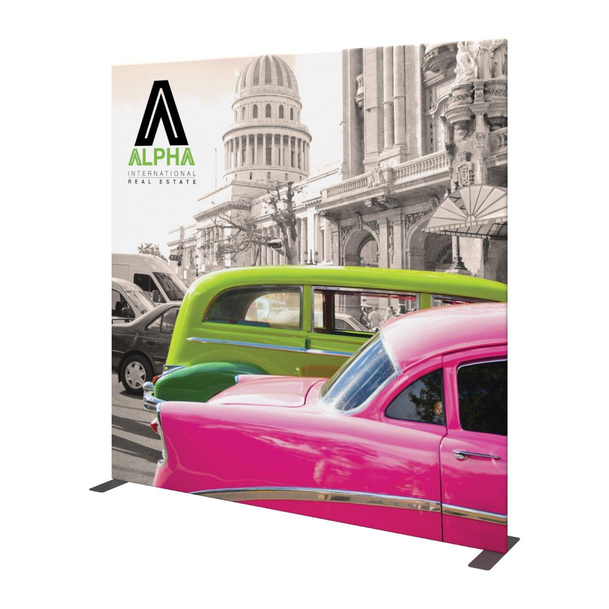 Trade show backdrop featuring vintage cars and historic cityscape for exhibitions and special events