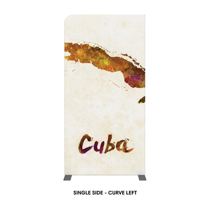 Trade show banner display with artistic Cuba map and text for exhibitions and events