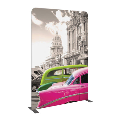 Curved fabric display banner featuring vintage cars and historic architecture for trade shows and special events