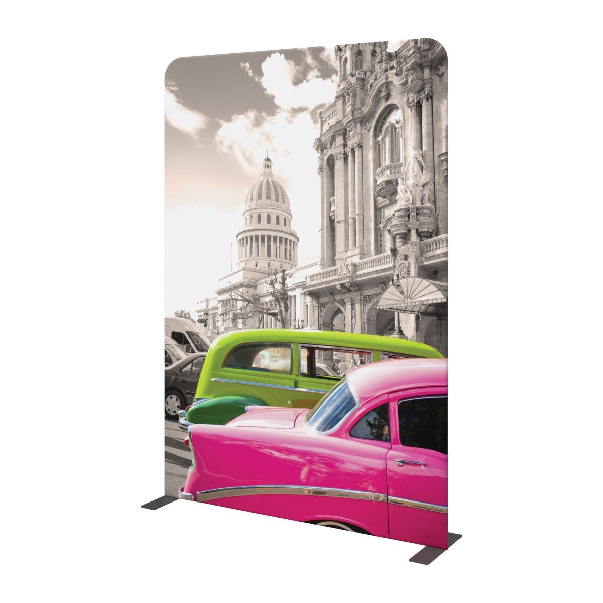 Curved fabric display featuring vintage cars and architectural backdrop for trade shows and exhibitions