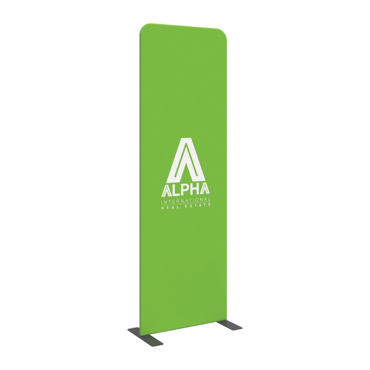 Freestanding fabric display banner with Alpha International Real Estate logo for trade shows and exhibitions