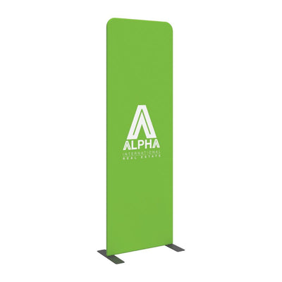 Freestanding fabric display banner with Alpha International Real Estate logo for trade shows and exhibitions