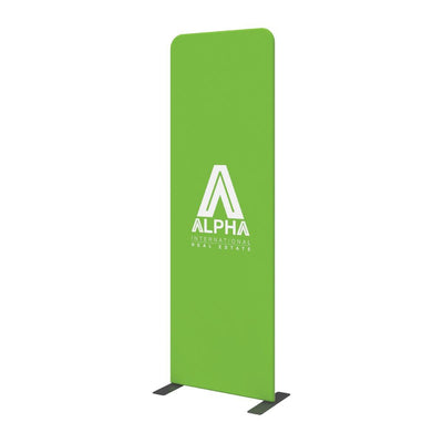 Freestanding fabric display panel with Alpha International Real Estate logo for trade shows and events
